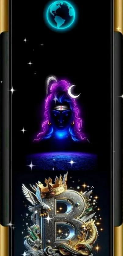 Neon spiritual wallpaper with cosmic and divine elements.