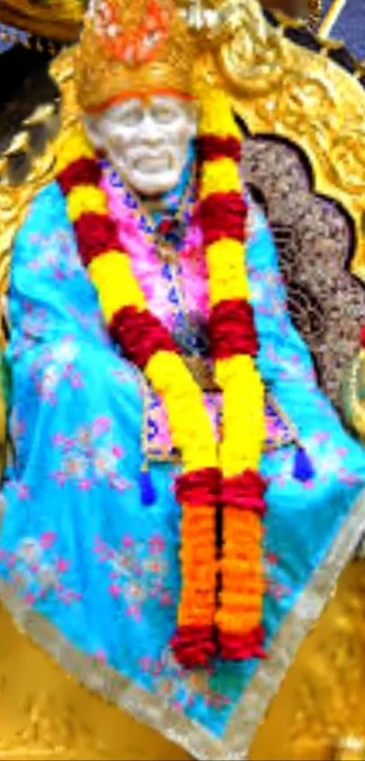 Spiritual figure with colorful garlands on a golden background.