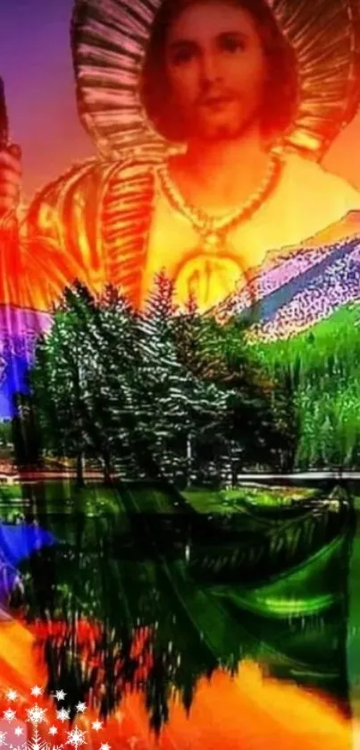 Spiritual figure with colorful nature background and reflections.