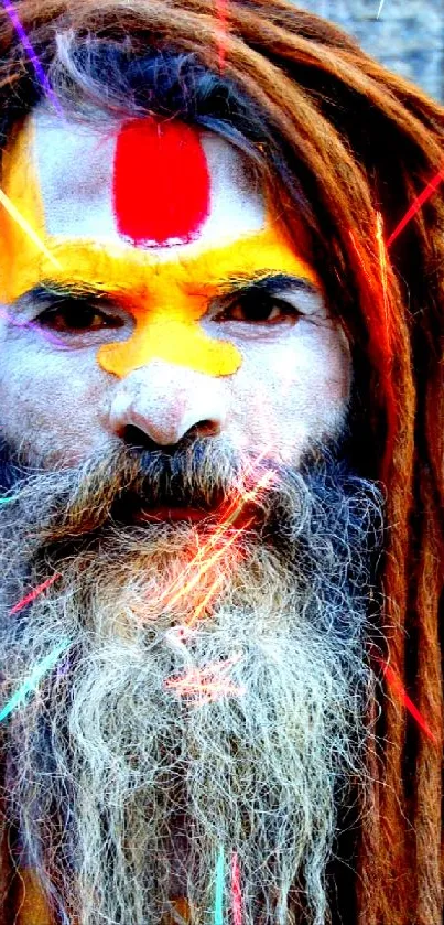Vibrant spiritual figure with colorful face paint and dreadlocks in a mobile wallpaper.