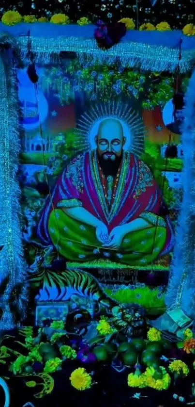 Vibrant spiritual portrait with vivid colors and decorative elements.