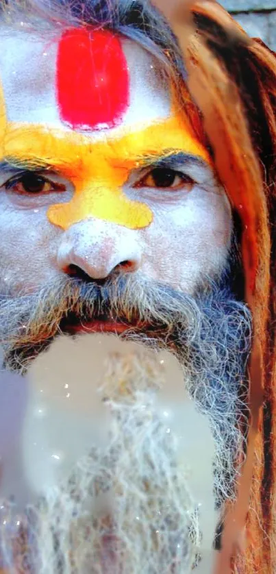 Spiritual figure with vibrant face paint in a colorful portrait.