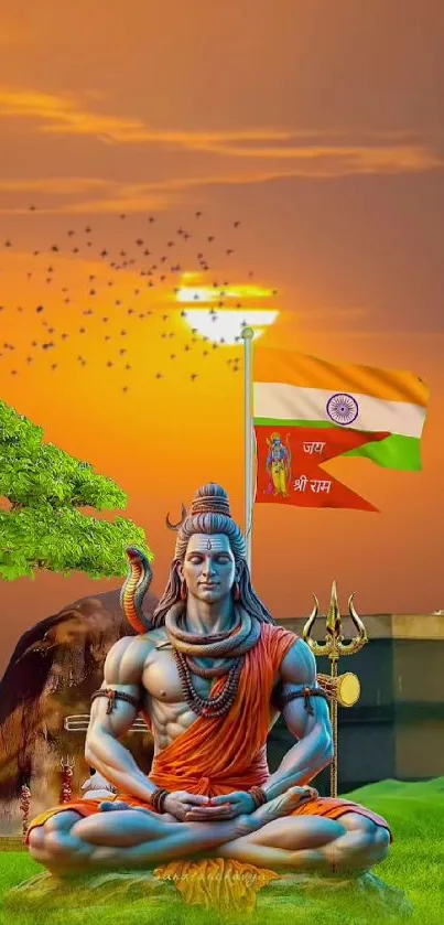 Shiva meditating under sunset with flags and greenery.