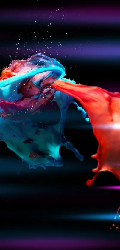 Abstract splash art in blue and red hues on mobile wallpaper.