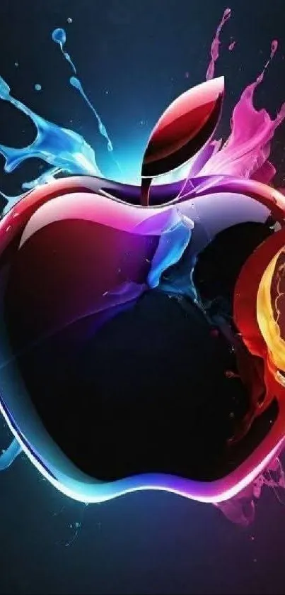 Colorful apple logo with splashes on black background.