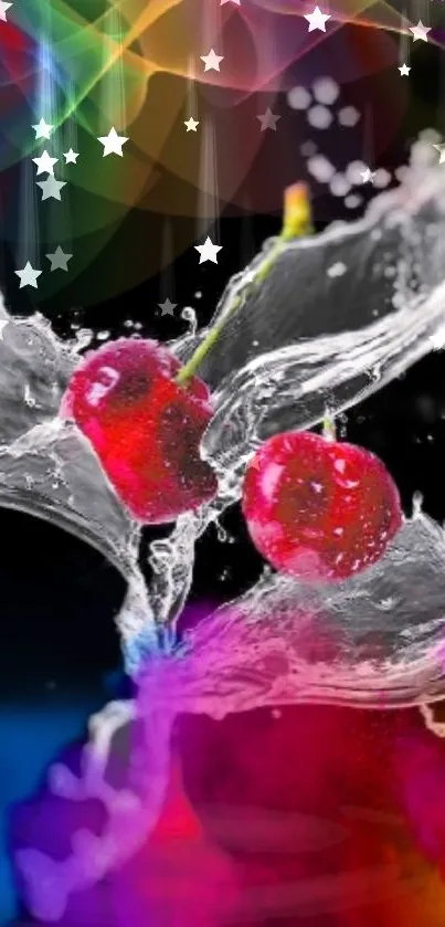 Vibrant splash art with cherries on black background.