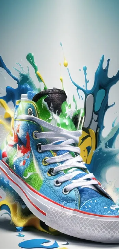 Colorful sneaker with vibrant paint splashes on wallpaper.