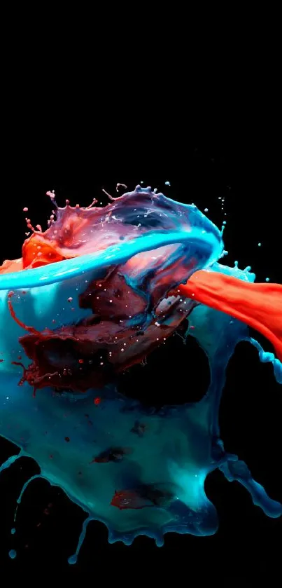 Vibrant blue and red paint splash on black background.