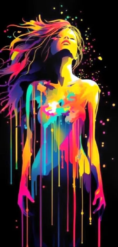 Colorful silhouette on black background with vibrant paint drips.