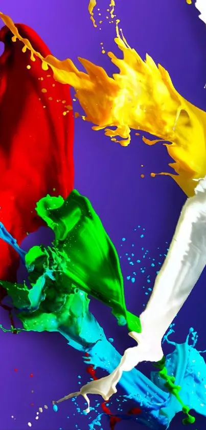 Vibrant abstract splash of red, yellow, green, blue, and white on purple background.