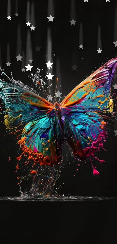 Vibrant butterfly with colorful splash effect on dark background.