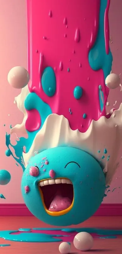 Colorful cartoon splash with pink and teal hues on mobile wallpaper.