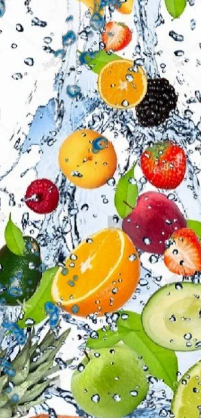 Vibrant fruit splash with water drops on a mobile wallpaper.