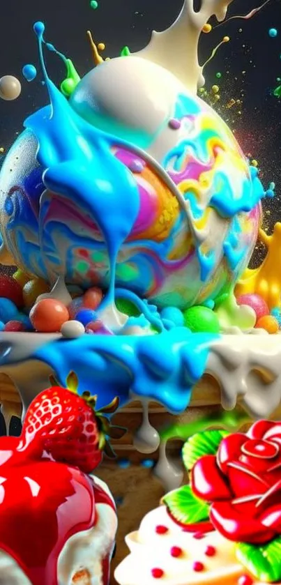 Colorful ice cream with vibrant paint splash and candy.