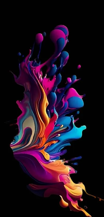 Vibrant splash of colorful paint on a black background mobile wallpaper.