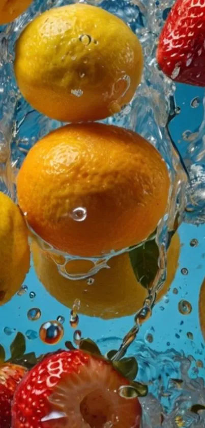 Citrus and strawberries splashing in water with a blue background.