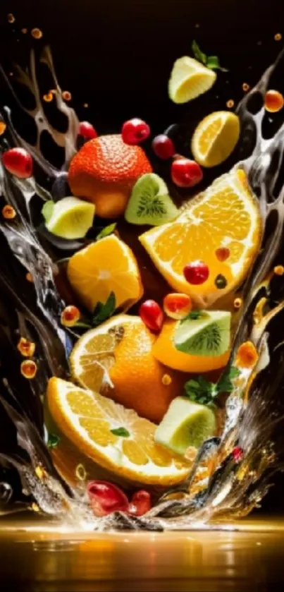 Vibrant wallpaper of citrus fruits splashing in dynamic colors.