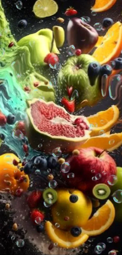 Colorful fruits splashing dynamically in vibrant wallpaper.