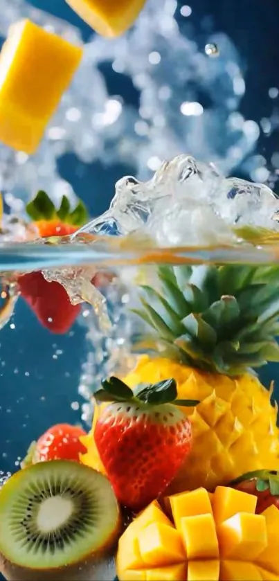 Vibrant fruits splashing in water, creating a colorful and dynamic wallpaper.
