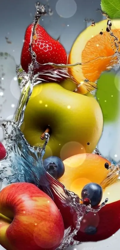 Colorful splash of fresh fruits in dynamic arrangement.