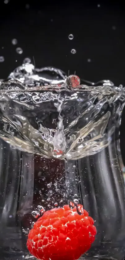 Raspberry creating vibrant water splash in glass.