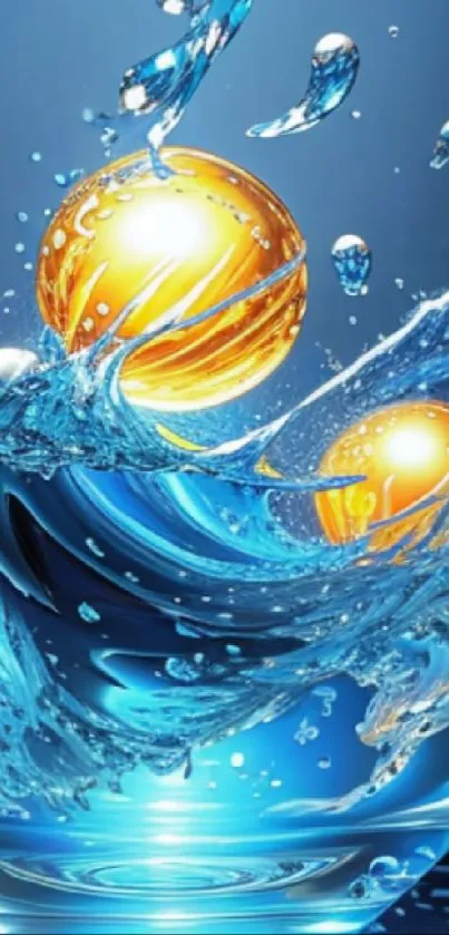 Vibrant water splash with glowing spheres on a blue background.