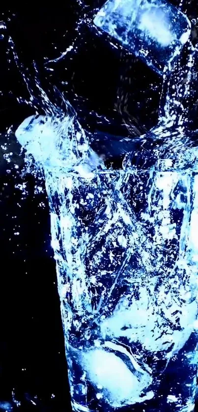 Dynamic water splash with ice cubes on blue background.