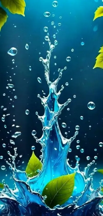 Water splash with green leaves against a blue background.