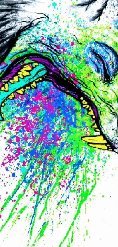 Abstract colorful wolf art with vibrant paint splashes.