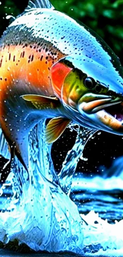 A vibrant fish leaping above water with splashes.