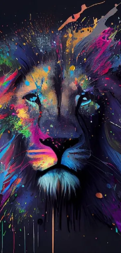 Colorful splatter lion face on a dark background, vibrant and dynamic design.