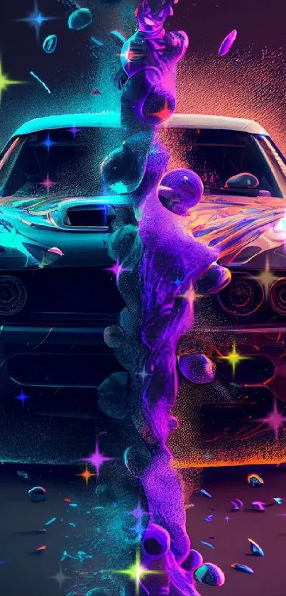 Vibrant split car art with neon colors and dynamic design.