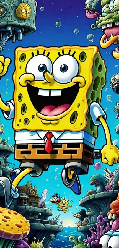 SpongeBob SquarePants in a vibrant underwater setting with sea creatures.