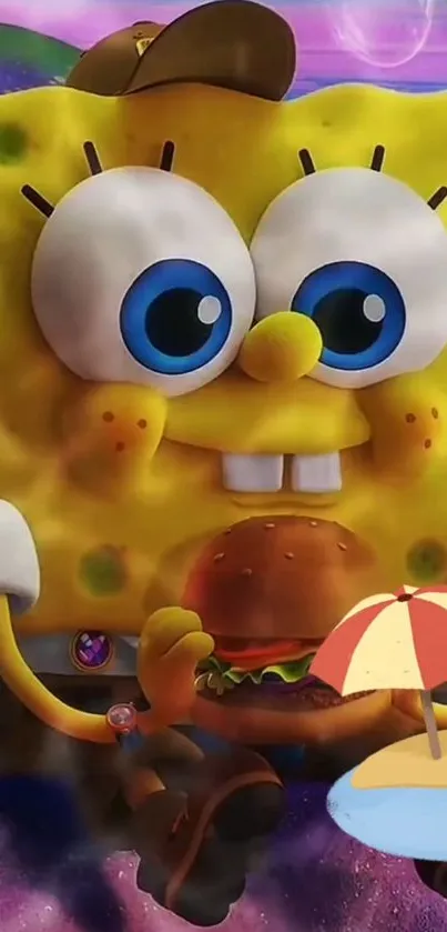 SpongeBob SquarePants enjoying a burger at the beach, vibrant and colorful scene.