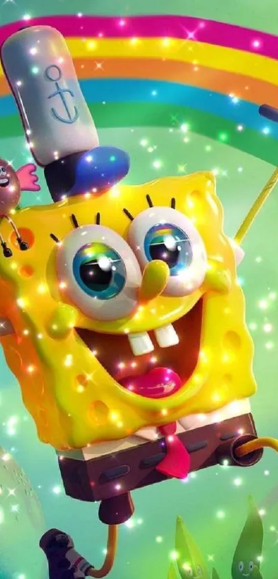 SpongeBob SquarePants with rainbow and sparkles in a colorful scene.