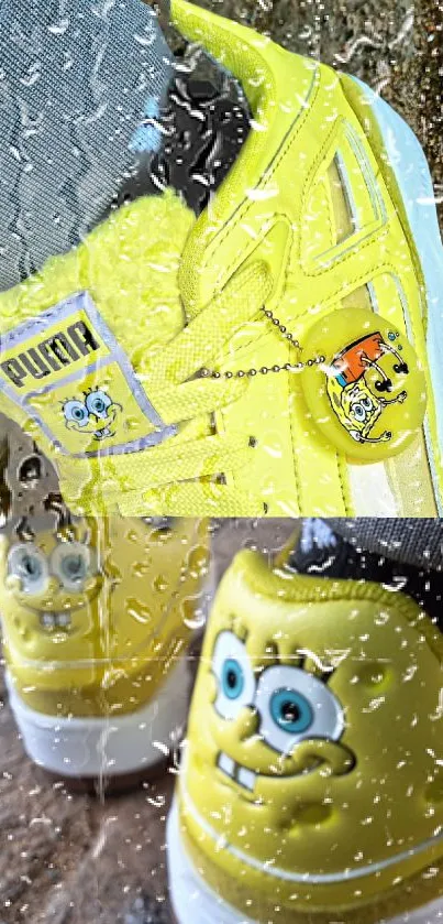 Spongebob themed sneakers with raindrop details in yellow.