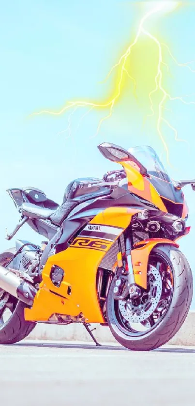 Orange sportbike with lightning in sky, perfect for mobile wallpaper.