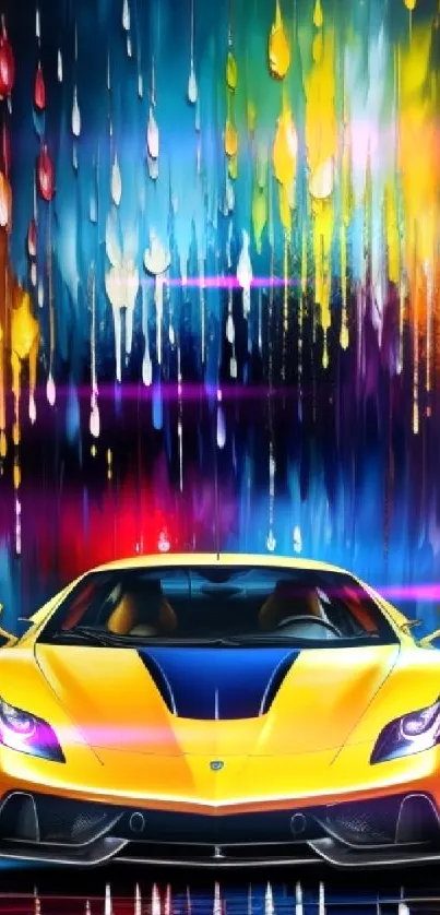 Sleek sports car against vibrant abstract backdrop.