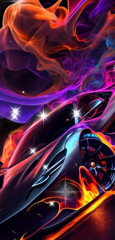 Dynamic sports car with neon colors swirling around.