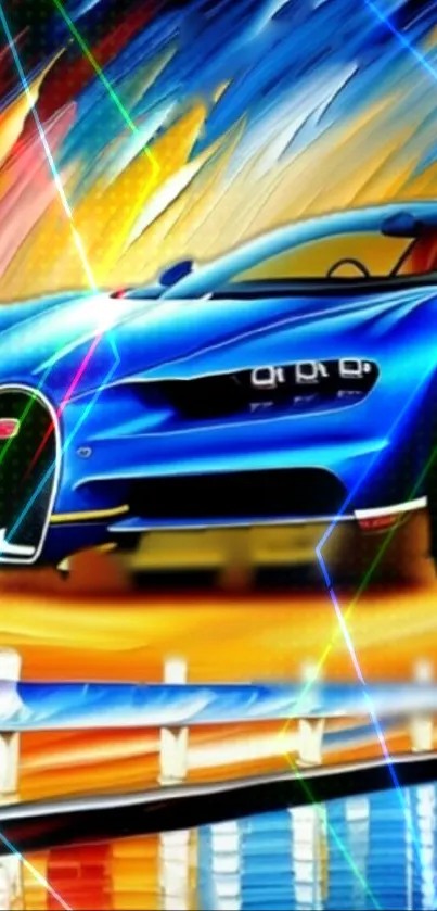 Vibrant blue sports car on abstract colorful background.