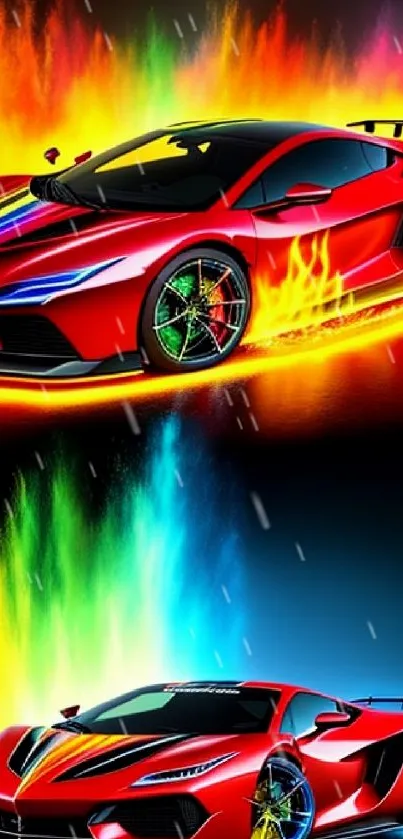 Red sports cars with vibrant flames, perfect for racing enthusiasts.