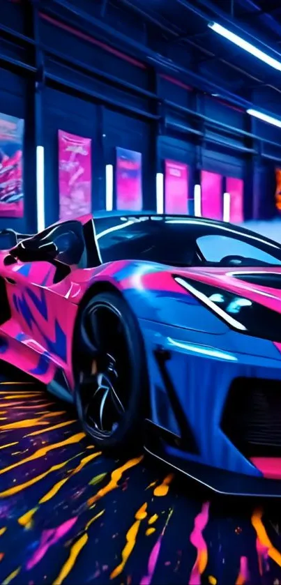 Vibrant neon sports car in a garage setting wallpaper.