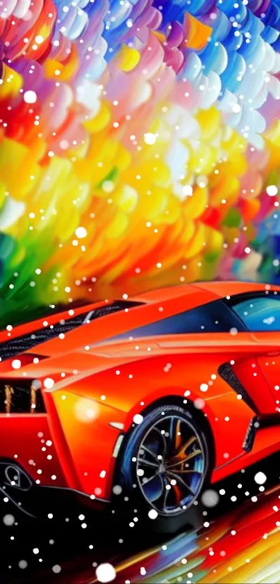 Red sports car with colorful abstract background wallpaper.