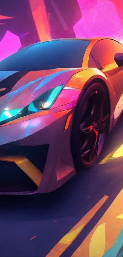 Vibrant sports car in neon colors with abstract art design.