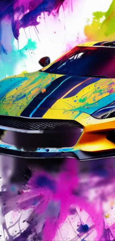 Vibrant sports car with colorful paint splashes in dynamic art style.