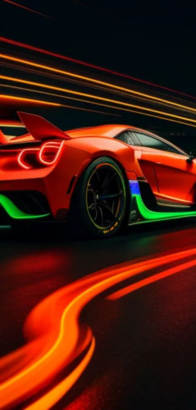 Vibrant sports car with neon light trails at night.