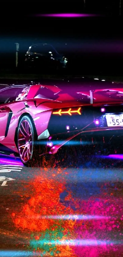 Vibrant sports car with neon lights at night on urban street.