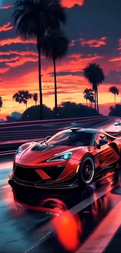 Red sports car racing at sunset with palm trees silhouette.