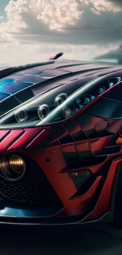 Close-up of vibrant sports car with detailed red and blue design.