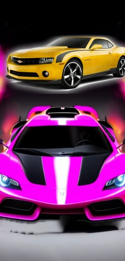 Vibrant sports car wallpaper with yellow and pink cars on a black background.